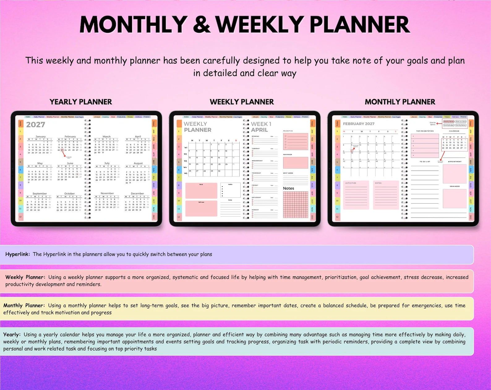 All-in-One Digital Planner 2026 2027 2028, Hyperlink Digital Planner, Daily Weekly Monthly Journal, Goodnotes Planner, Apple Google Calendar