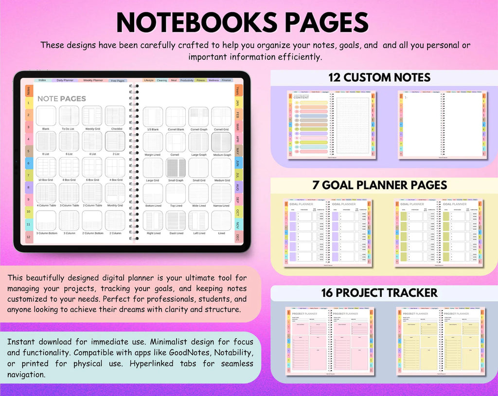 All-in-One Digital Planner 2026 2027 2028, Hyperlink Digital Planner, Daily Weekly Monthly Journal, Goodnotes Planner, Apple Google Calendar