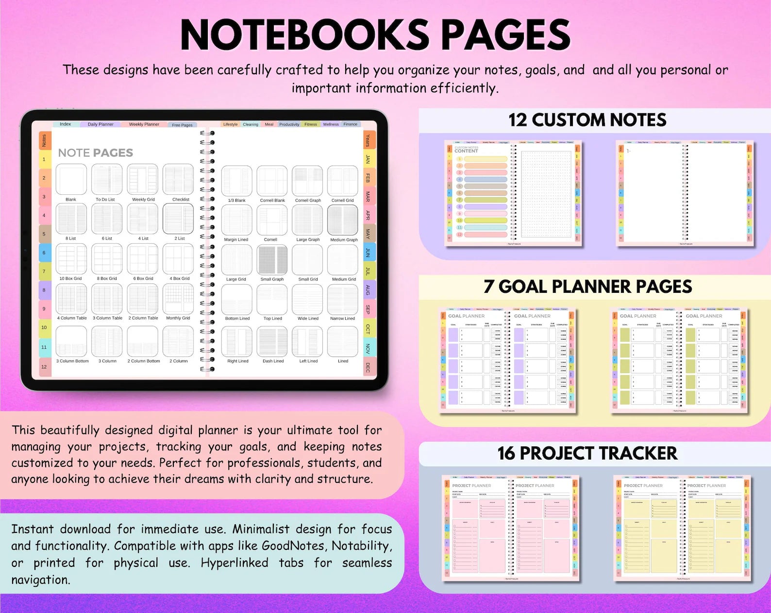 All-in-One Digital Planner 2026 2027 2028, Hyperlink Digital Planner, Daily Weekly Monthly Journal, Goodnotes Planner, Apple Google Calendar