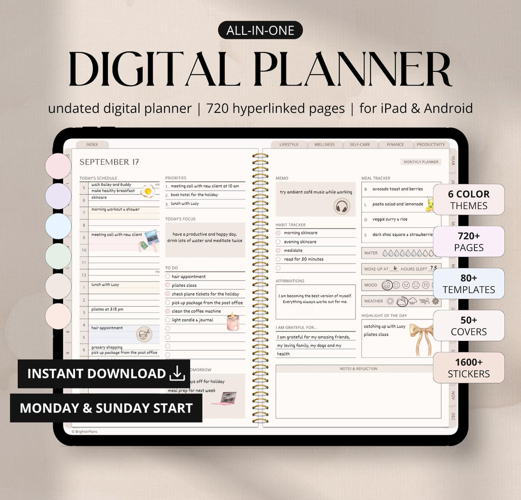 Digital Planner Undated, iPad & Android Planner, GoodNotes Calendar, Daily Weekly Monthly Journal with Stickers, iPad Planner for 2025 2026