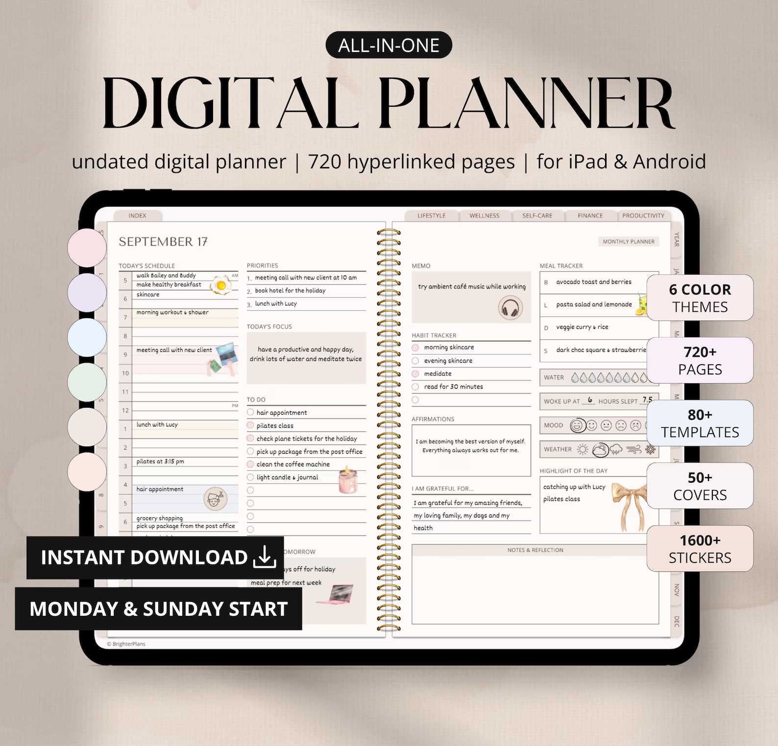 Digital Planner Undated, iPad & Android Planner, GoodNotes Calendar, Daily Weekly Monthly Journal with Stickers, iPad Planner for 2025 2026