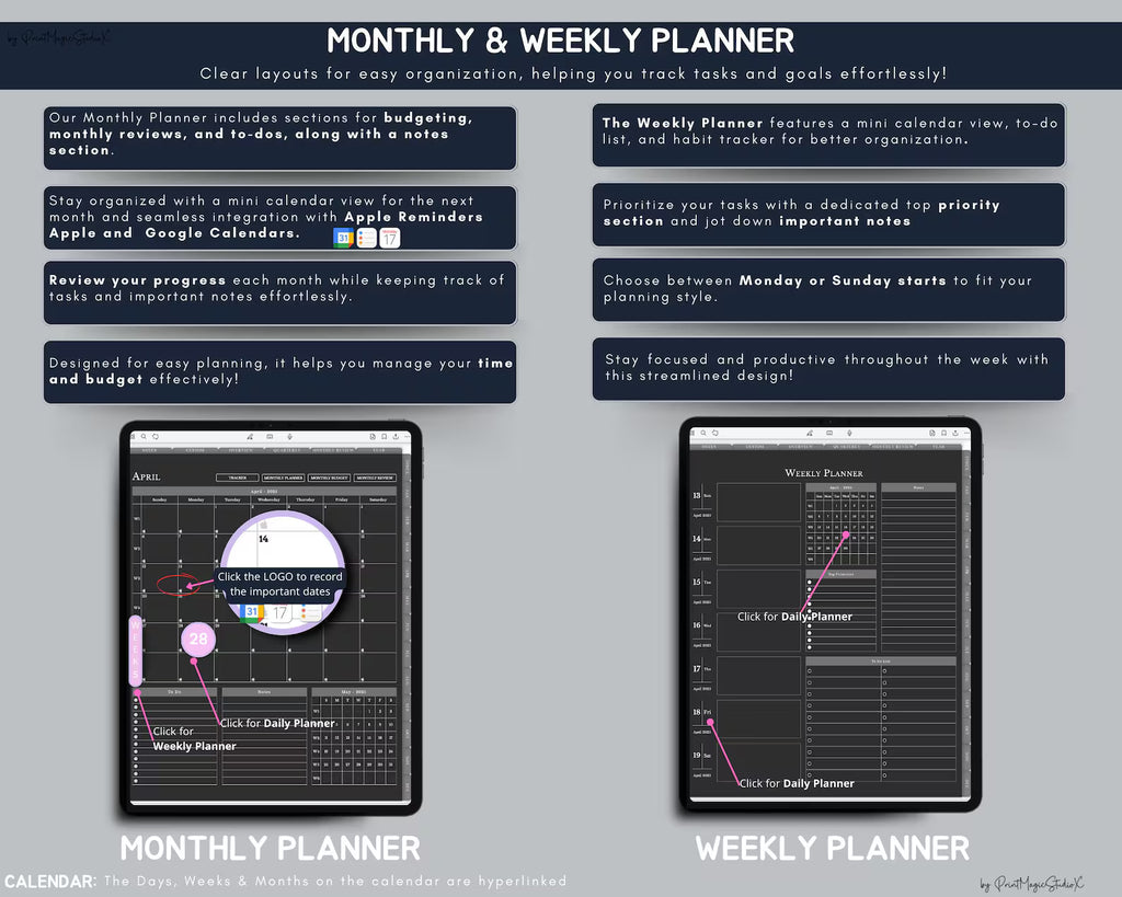 Dark Mode All In One Digital Planner Portrait 2026, 2027, 2028 Planner, Digital Journal, Digital Goodnotes Template, Weekly, Daily Planner
