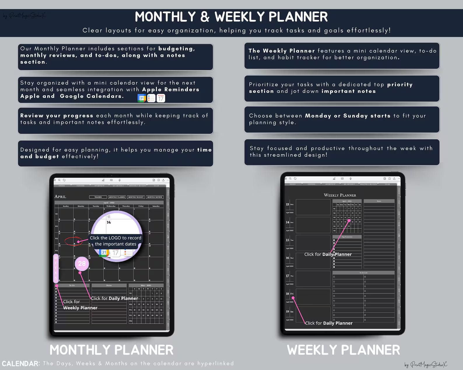 Dark Mode All In One Digital Planner Portrait 2026, 2027, 2028 Planner, Digital Journal, Digital Goodnotes Template, Weekly, Daily Planner
