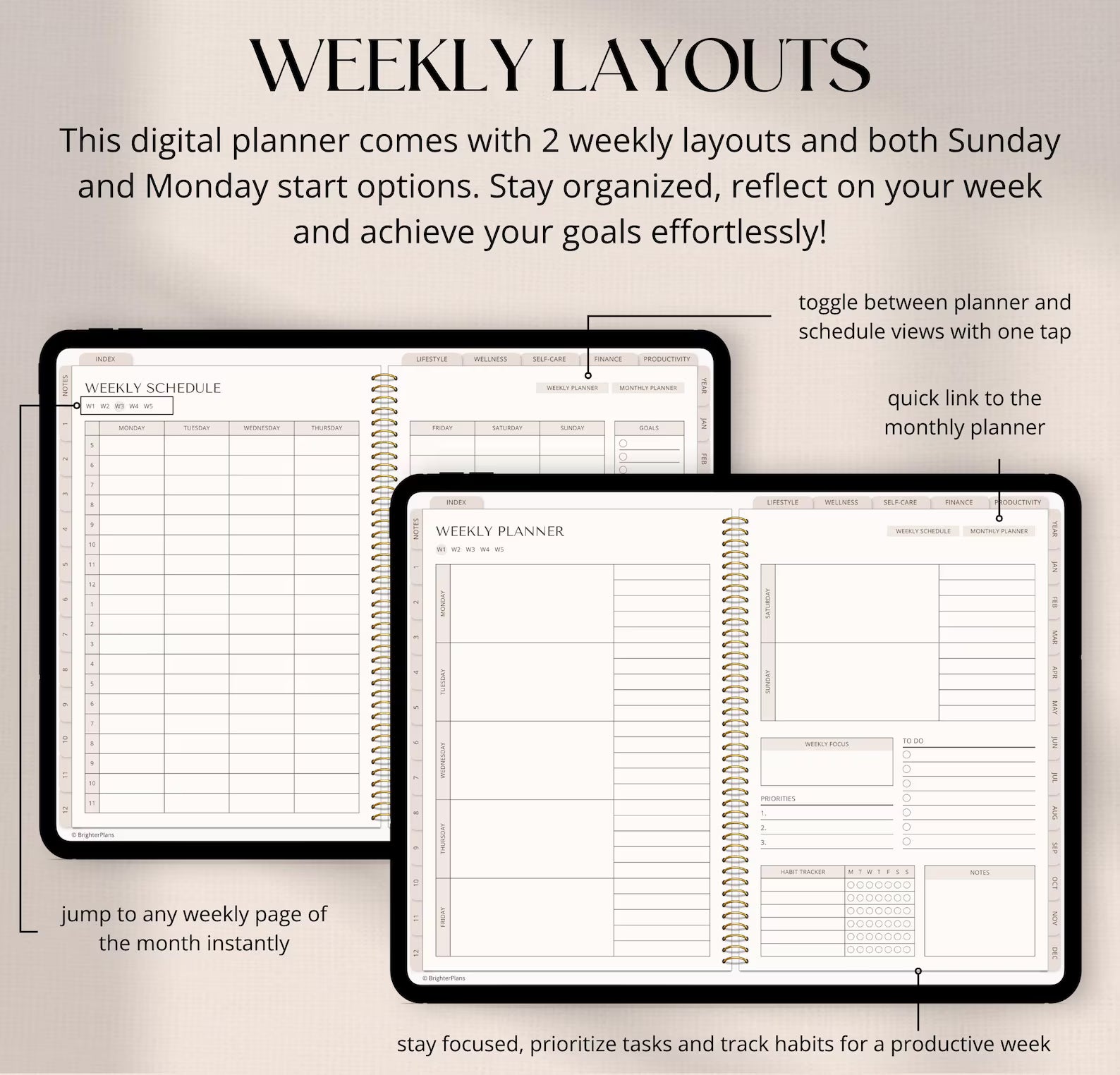 Digital Planner Undated, iPad & Android Planner, GoodNotes Calendar, Daily Weekly Monthly Journal with Stickers, iPad Planner for 2025 2026