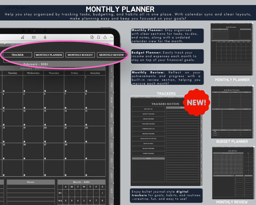 Dark Mode All In One Digital Planner Portrait 2026, 2027, 2028 Planner, Digital Journal, Digital Goodnotes Template, Weekly, Daily Planner
