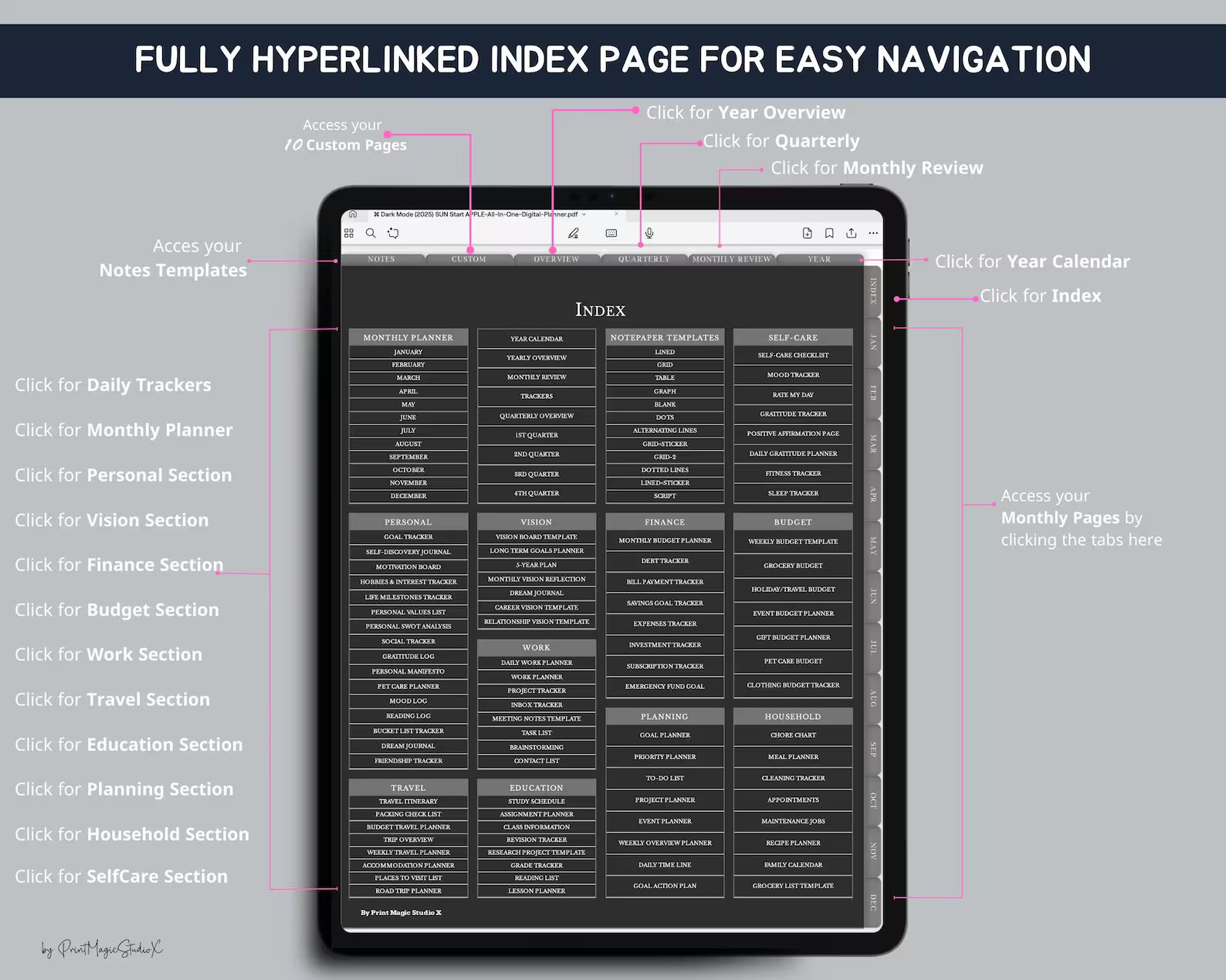 Dark Mode All In One Digital Planner Portrait 2026, 2027, 2028 Planner, Digital Journal, Digital Goodnotes Template, Weekly, Daily Planner