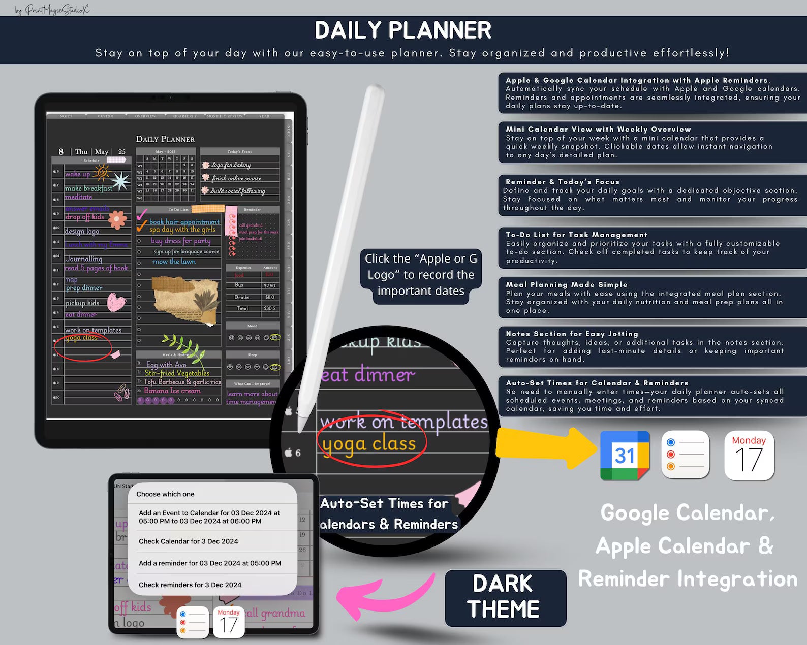 Dark Mode All In One Digital Planner Portrait 2026, 2027, 2028 Planner, Digital Journal, Digital Goodnotes Template, Weekly, Daily Planner