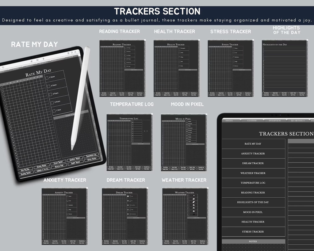 Dark Mode All In One Digital Planner Portrait 2026, 2027, 2028 Planner, Digital Journal, Digital Goodnotes Template, Weekly, Daily Planner