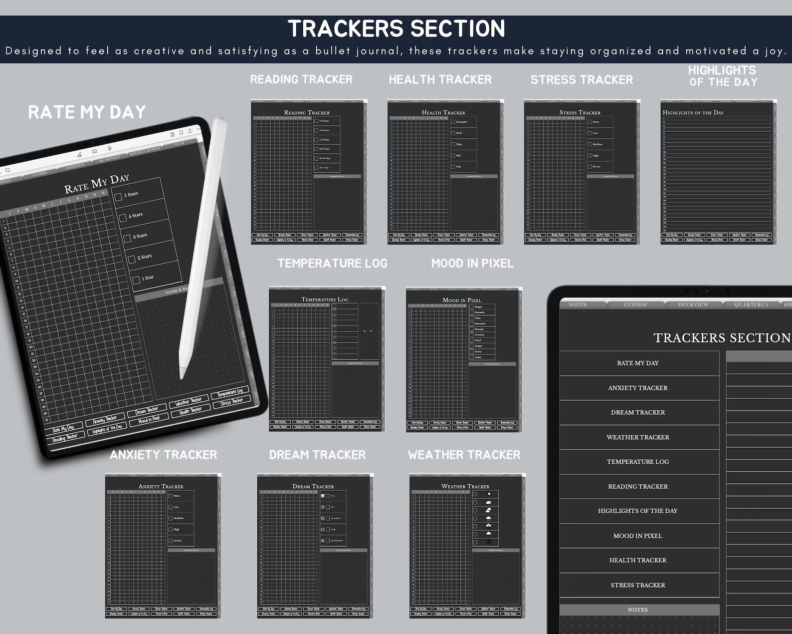 Dark Mode All In One Digital Planner Portrait 2026, 2027, 2028 Planner, Digital Journal, Digital Goodnotes Template, Weekly, Daily Planner