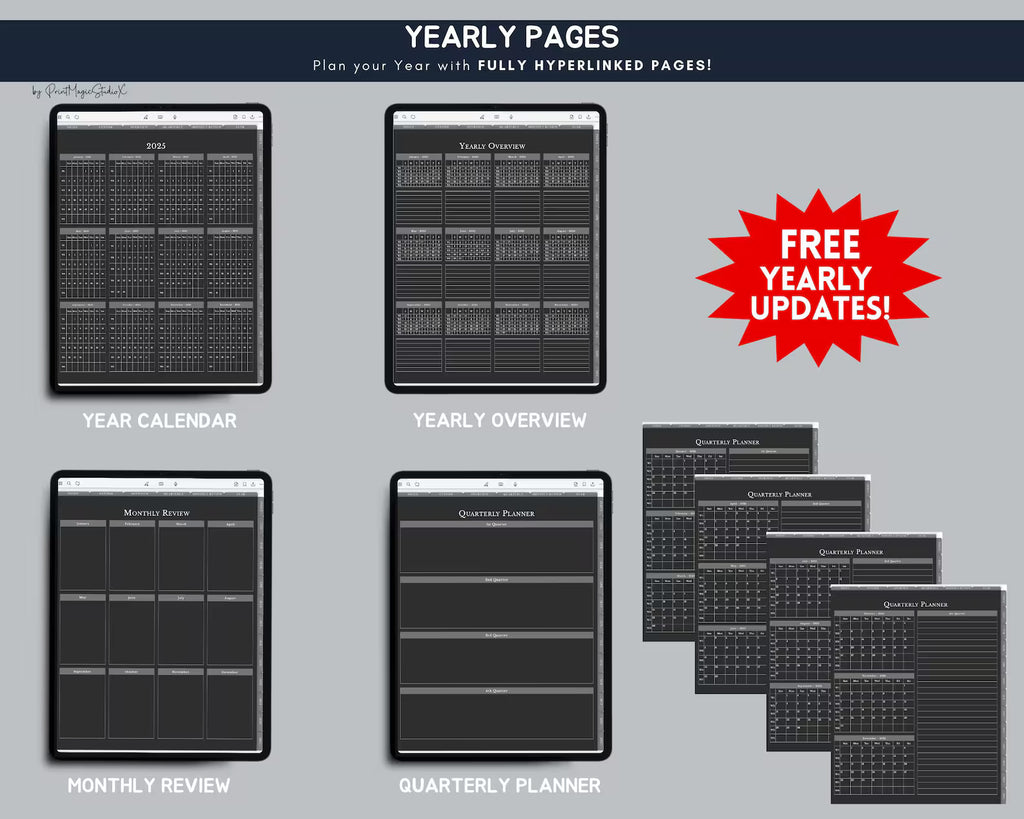 Dark Mode All In One Digital Planner Portrait 2026, 2027, 2028 Planner, Digital Journal, Digital Goodnotes Template, Weekly, Daily Planner