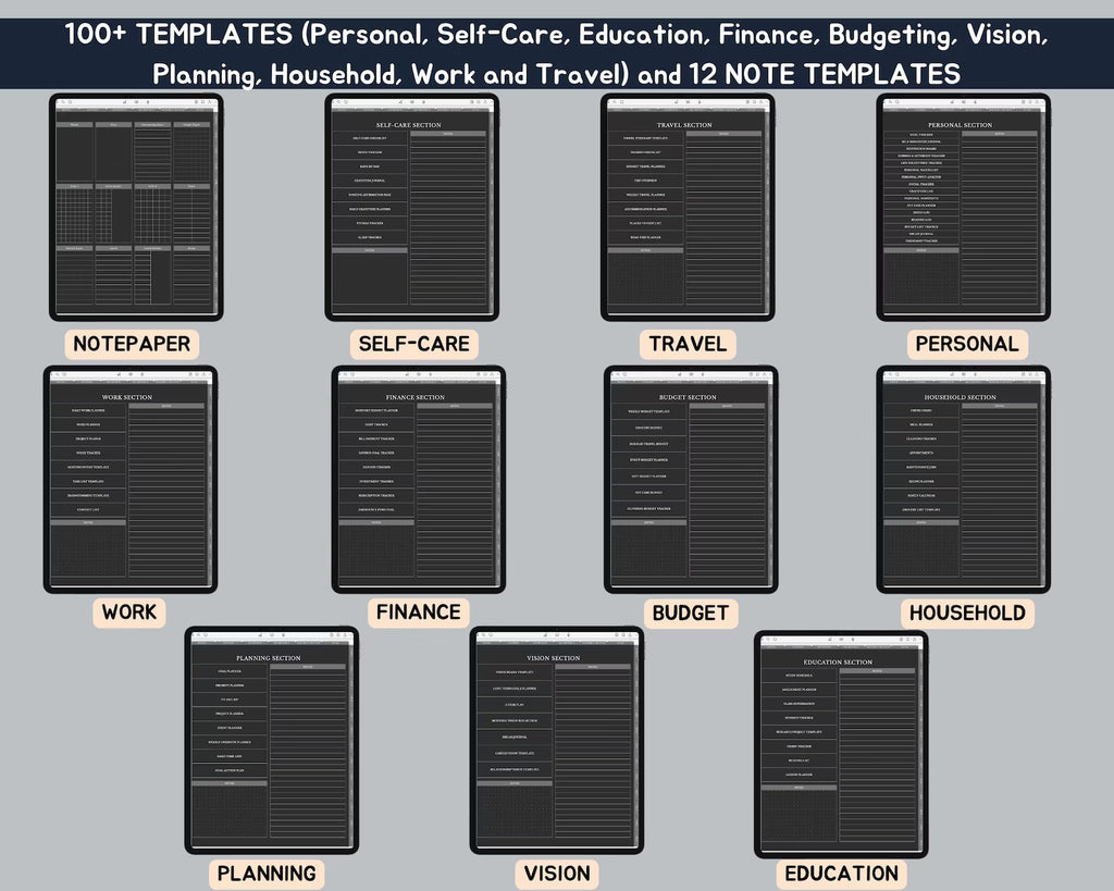 Dark Mode All In One Digital Planner Portrait 2026, 2027, 2028 Planner, Digital Journal, Digital Goodnotes Template, Weekly, Daily Planner