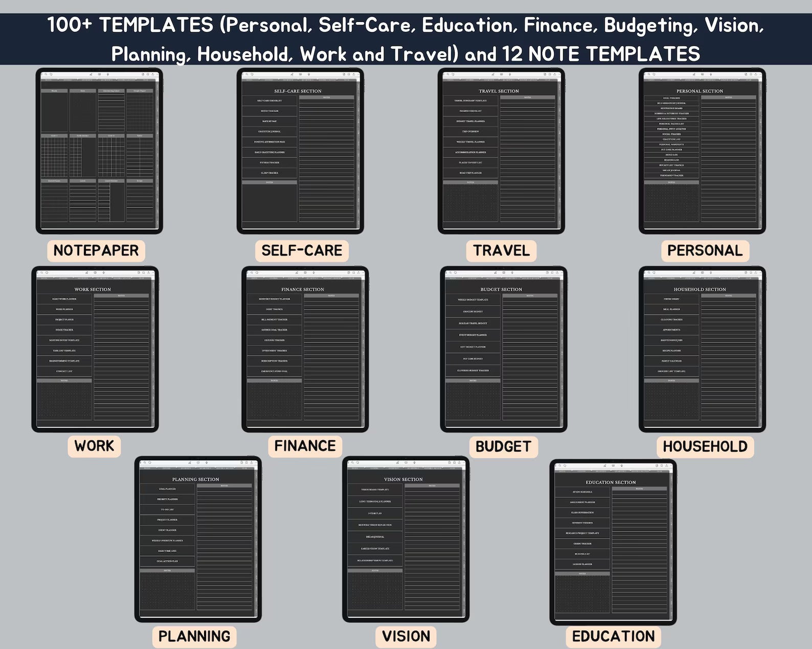 Dark Mode All In One Digital Planner Portrait 2026, 2027, 2028 Planner, Digital Journal, Digital Goodnotes Template, Weekly, Daily Planner