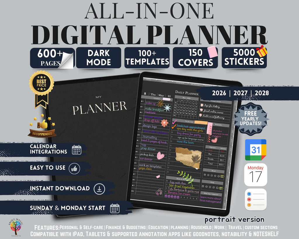 Dark Mode All In One Digital Planner Portrait 2026, 2027, 2028 Planner, Digital Journal, Digital Goodnotes Template, Weekly, Daily Planner